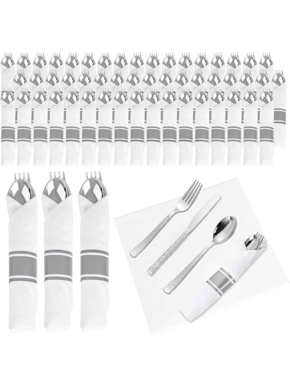 100 Pack Disposable Silver Plastic Cutlery Set with Napkins - Forks, Knives